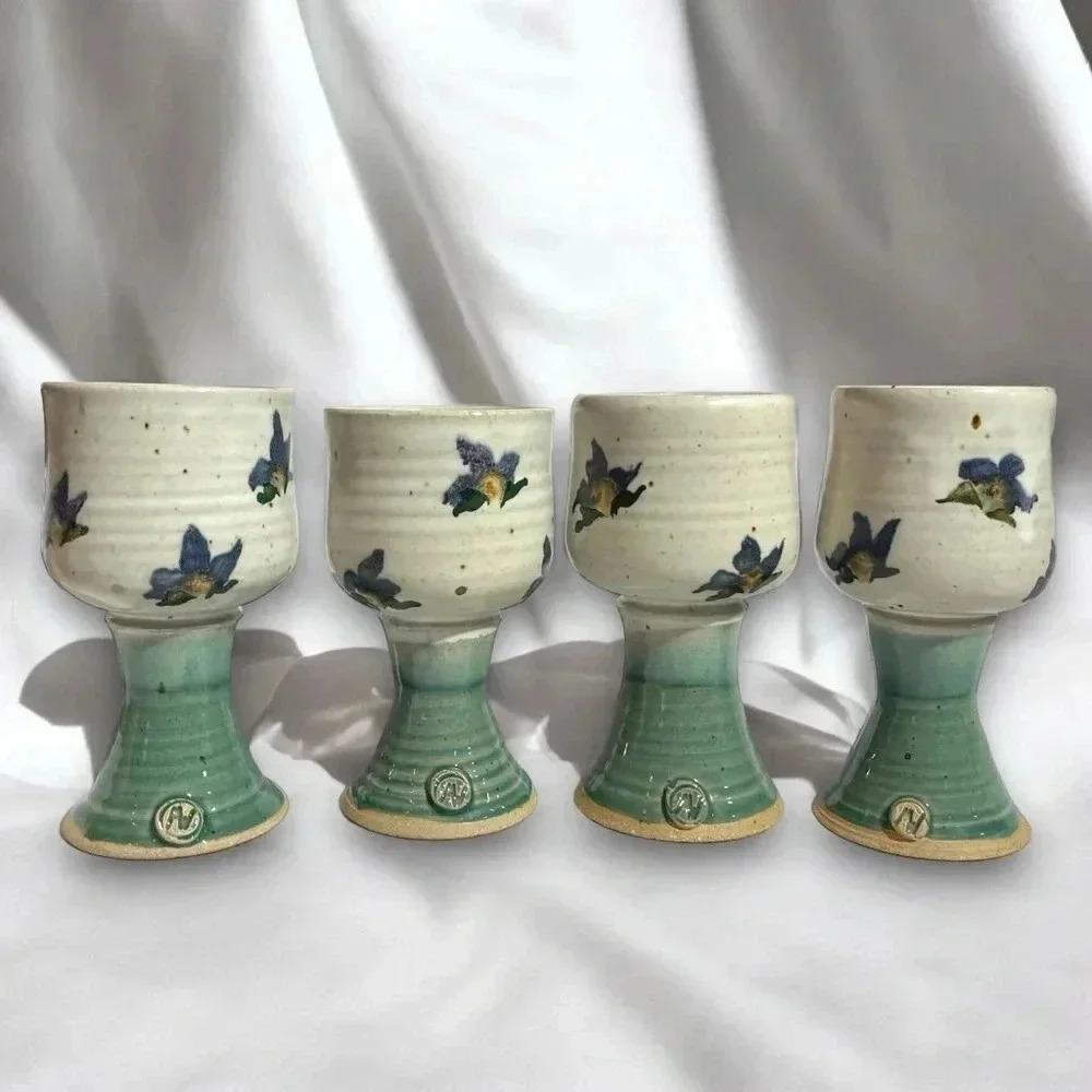 Vintage Handmade Orchid Stoneware Wine Goblet Set of 4